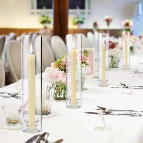 12 Sets Modern Candle Stand with Chimney Cover Taper Candle Holders Glass Hurricane Candle Holder for Tapered Candles 12inch Large Crystal Candlestick Holder Stand with Cylinder Sleeves for Wedding