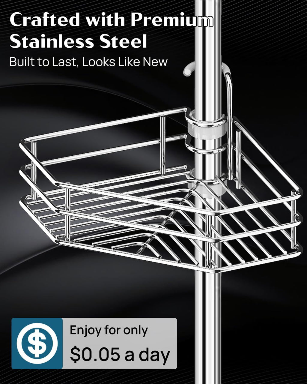 SEIRIONE Corner Shower Caddy - Rust-Free Tension Pole Organizer | 4-Tier Adjustable Shelf, Fits 34-116 Inch Height, Quick Setup, Silver