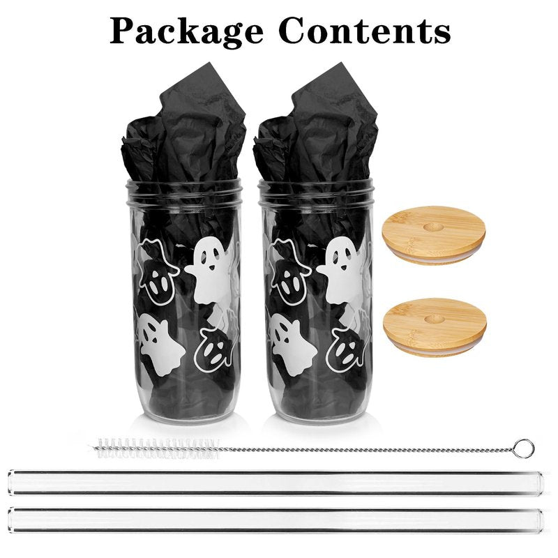 Anotion Ghost Decor 24oz Mason Jar Glass Cups with Lids and Straws - Halloween Tumblers and Coffee Cups - Indoor Decorations
