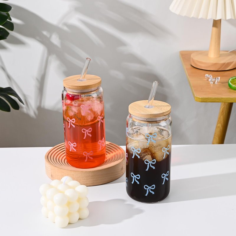 Koythin Glass Cups with Lids and Straws, Adorable Iced Coffee Tumbler for Tea Milk Smoothie Latte Juice, Bow Tie Glasses Drinking Set for Mom Girl Women, 17 oz/480 ml (Blue)