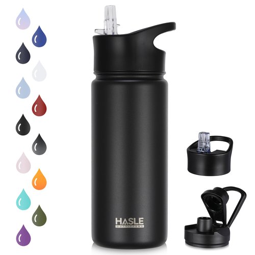 HASLE OUTFITTERS Insulated Water Bottle 16 oz Double Wall Vacuum Stainless Steel Water Bottle Leak Proof Wide Mouth with Straw Lid & Spout Lid Keeps Cold and Hot(Black,1pack)