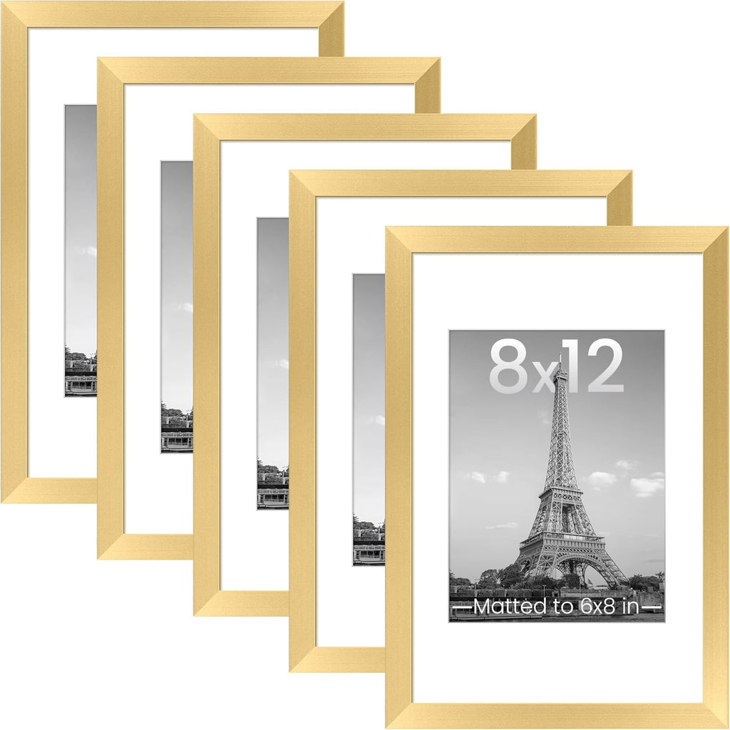 Upsimples 8x12 Picture Frame Set of 5 - Display 6x8 Photos with Mat or 8x12 Without | Elegant Gold Finish