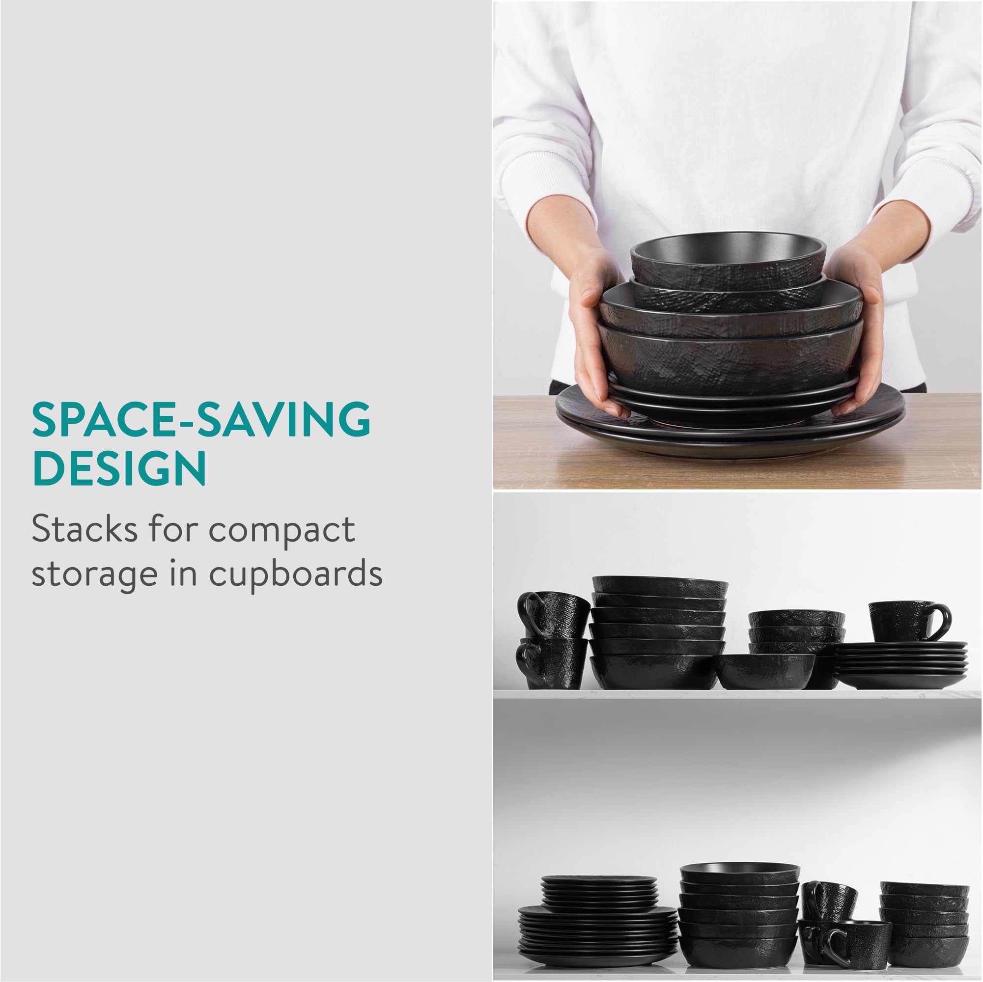 Navaris Linen Artisan Stoneware Dinnerware Set (8 Pieces) - Charcoal Black Dishes for 2 with Dinner Plates, Side Plates, Pasta Bowls, Soup Bowls - Dishwasher and Microwave Safe