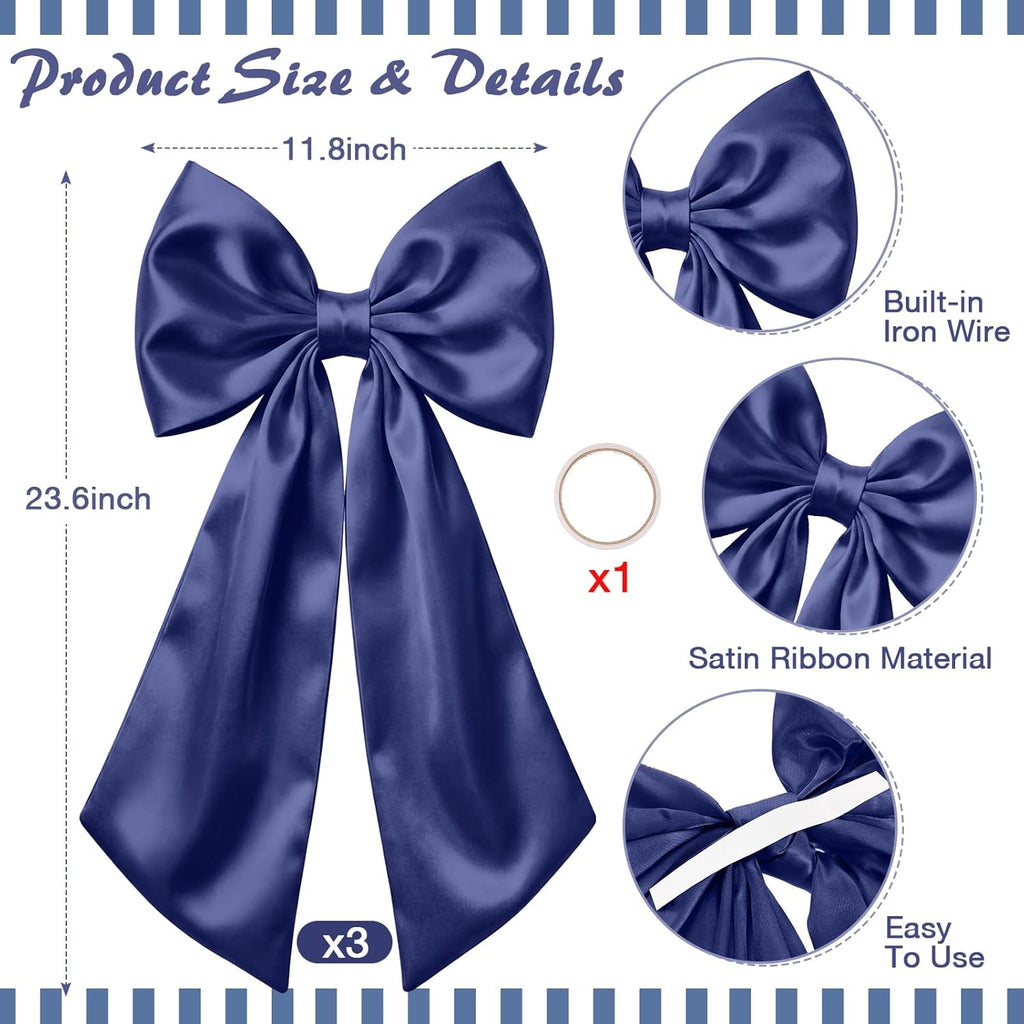 Suncalla Large Satin Navy Blue Bow Decorations - 3 Pcs | Perfect for Weddings, Birthdays, & Parties