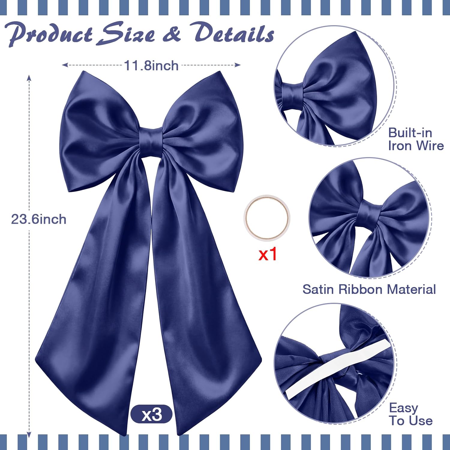 Suncalla Large Satin Navy Blue Bow Decorations - 3 Pcs | Perfect for Weddings, Birthdays, & Parties