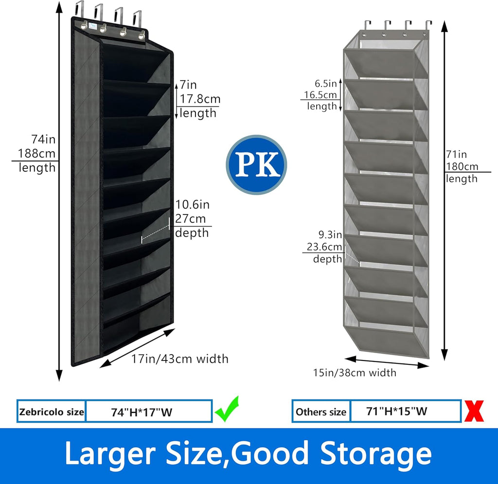 Skiennix Shoe Organizer - 70 lbs Capacity Over The Door Rack | 10-Tier Heavy Duty Bamboo Design - Grey/Black