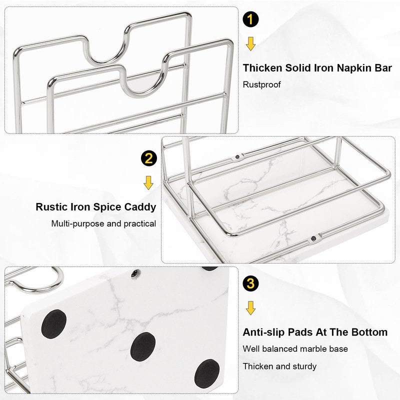Livabber Napkin Holder, Metal Napkin Storage with Salt and Pepper Shakers Caddy Modern Napkin Dispenser for Table Kitchen Countertop, Not Including Salt and Pepper Shakers (Middle Marble, Chrome)
