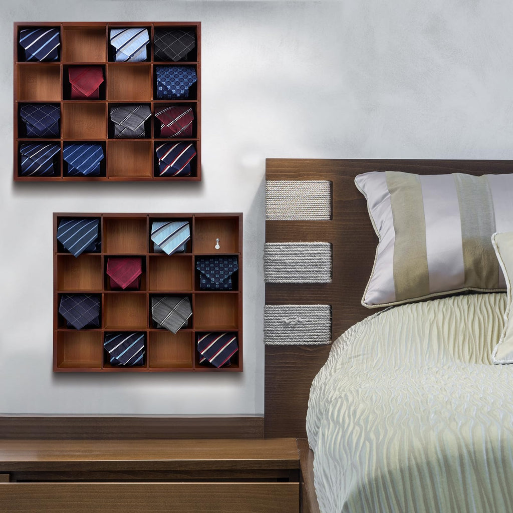 Ribgwo Tie Organizer Wall Mounted Tie Rack,Tie Box for Men,Tie Box Organizer with 16 Compartments，Tie Display Racks for Bedroom, Changing Room, Men Wardrobe(Brown,2 PCS)