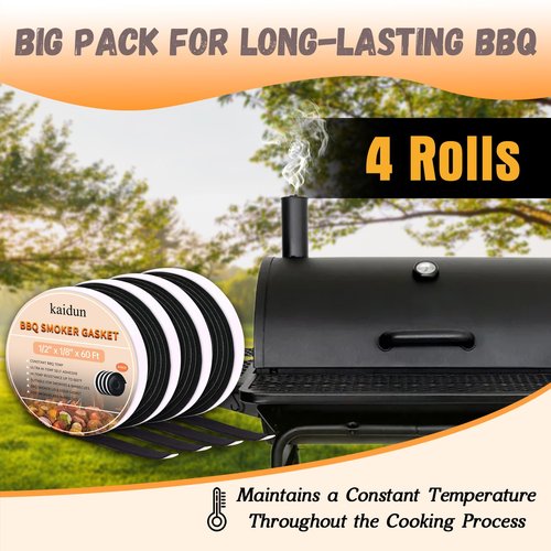 kaidun 60 Ft 1/2" x 1/8" High Heat BBQ Smoker Gasket, Black Self Stick Grill Seal Tape, Charcoal Grill Sealer, Smoker Door & Lid Gasket Adhesive Sealing Tape for Barbecue Replacement