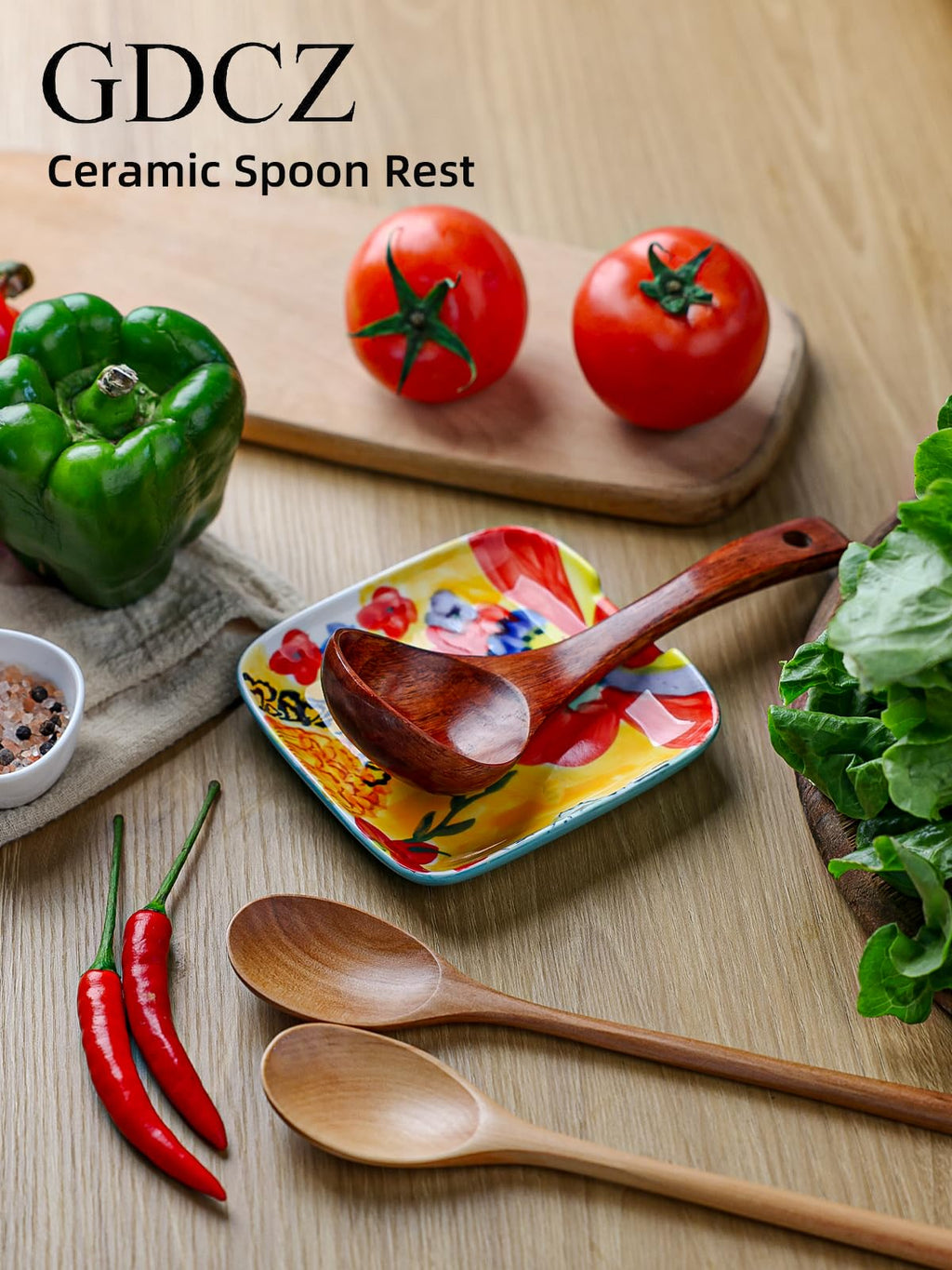Colorful Hand Painted Spoon Rest 4.75 Inches Ceramic Spoon Holder for Kitchen Counter Stove Top, Dishwasher Safe, Multicolor (Set of 2)