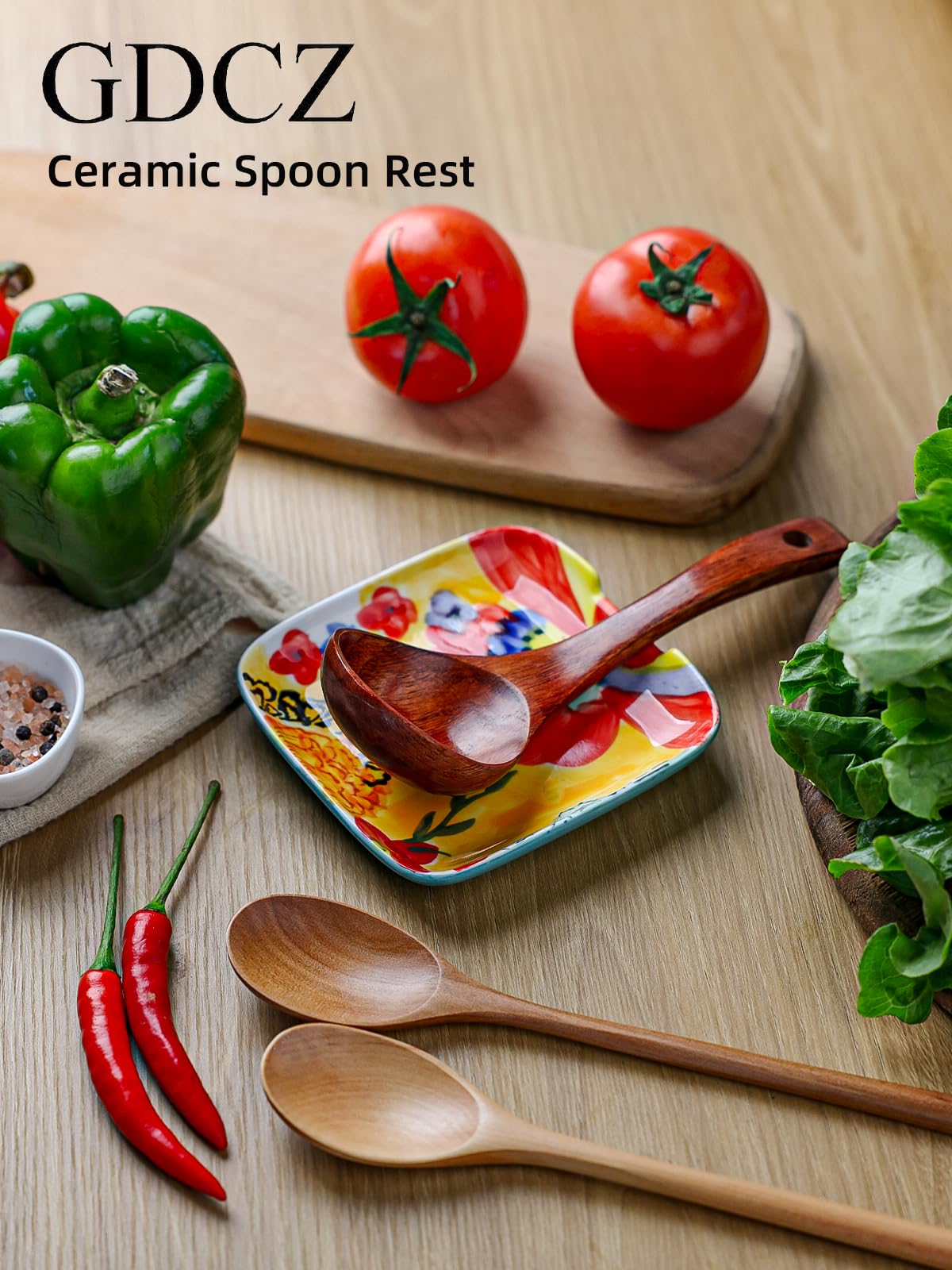 Colorful Hand Painted Spoon Rest 4.75 Inches Ceramic Spoon Holder for Kitchen Counter Stove Top, Dishwasher Safe, Multicolor (Set of 2)