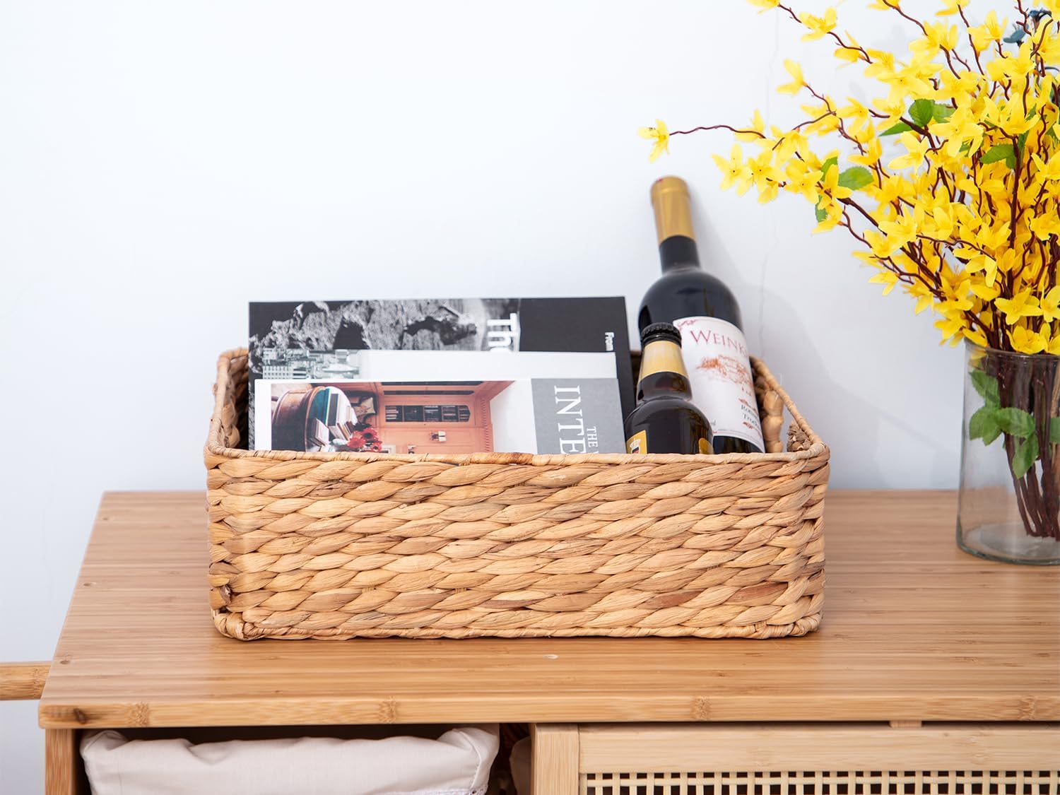 YAHUAN Water Hyacinth Storage Baskets - Stylish Organizing Solution with Handles | Square Shallow Design