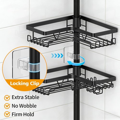 KEGII Black Shower Caddy - Adjustable Tension Pole Organizer with 2 Towel Bars | Rustproof Bathroom Storage 25–114.2 Inch