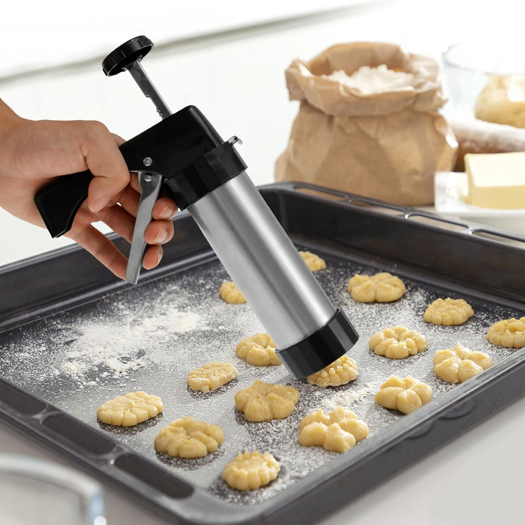 Churro Maker Machine - Stainless Steel Churros Gun Kit, 3-In-1 Multifunctional Cookie Press Gun with Piping Bag, 8 Piping Nozzles and 16 Cookie Discs for Making Churro, Cookie and Cake DIY