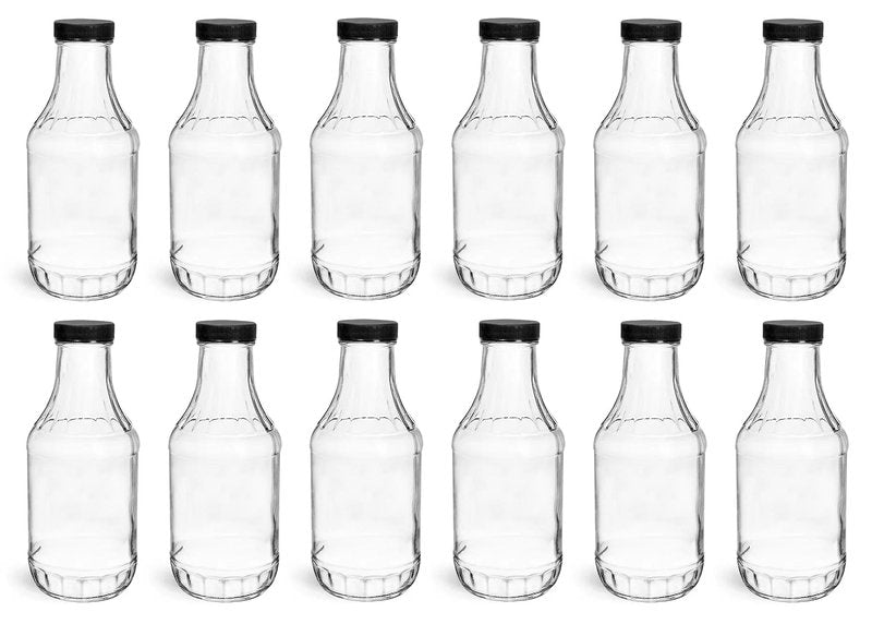 North Mountain Supply 16 Ounce Glass Sauce Bottle - With 38mm Black Plastic Lids - Case of 12