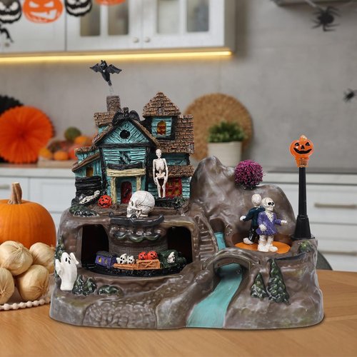 DREAM GARDEN Halloween Village Collection, Lighted Spooky Haunted House with Animated Train and Scary Sound Halloween Collectible Bulidings with Skull, Pumpkin, Ghost for Holiday Party Tabletop Decor
