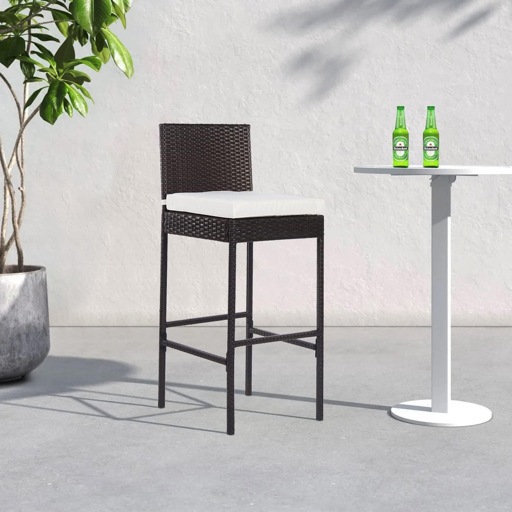 PayLessHere Rattan Bar Stools - Set of 2 Outdoor Wicker Chairs with Backrest & Cushion, Brown