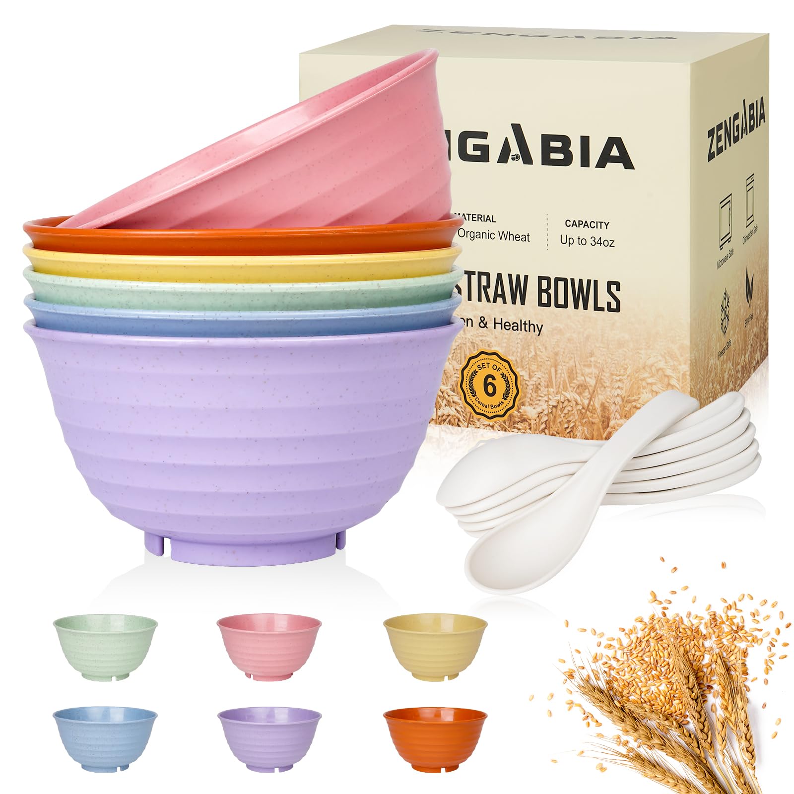ZENGABIA Cereal Bowls, 34 Oz Large Wheat Straw Dinnerware Sets of 6 with Spoon, Unbreakable Plastic Soup Bowls Reusable Microwave Dishwasher Safe for Salad Noodle Kitchen Breakfast, Multicolor