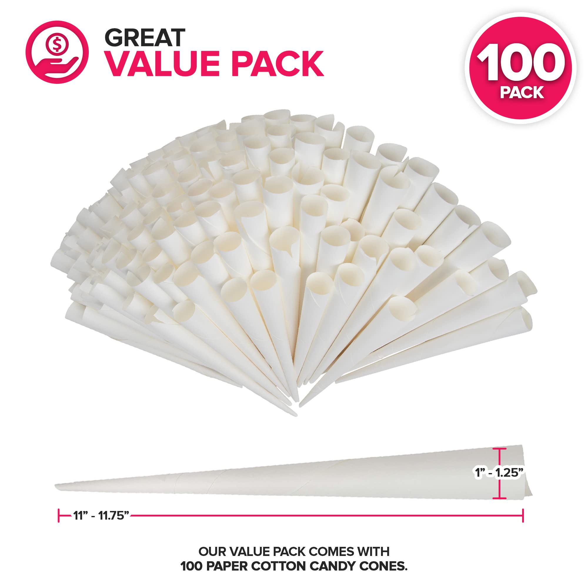 Cotton Candy Cones (100 Pack) – White Kraft Paper Sticks for Floss Sugar & Carnival Treats, Compatible with Cotton Candy Machines – Stock Your Home