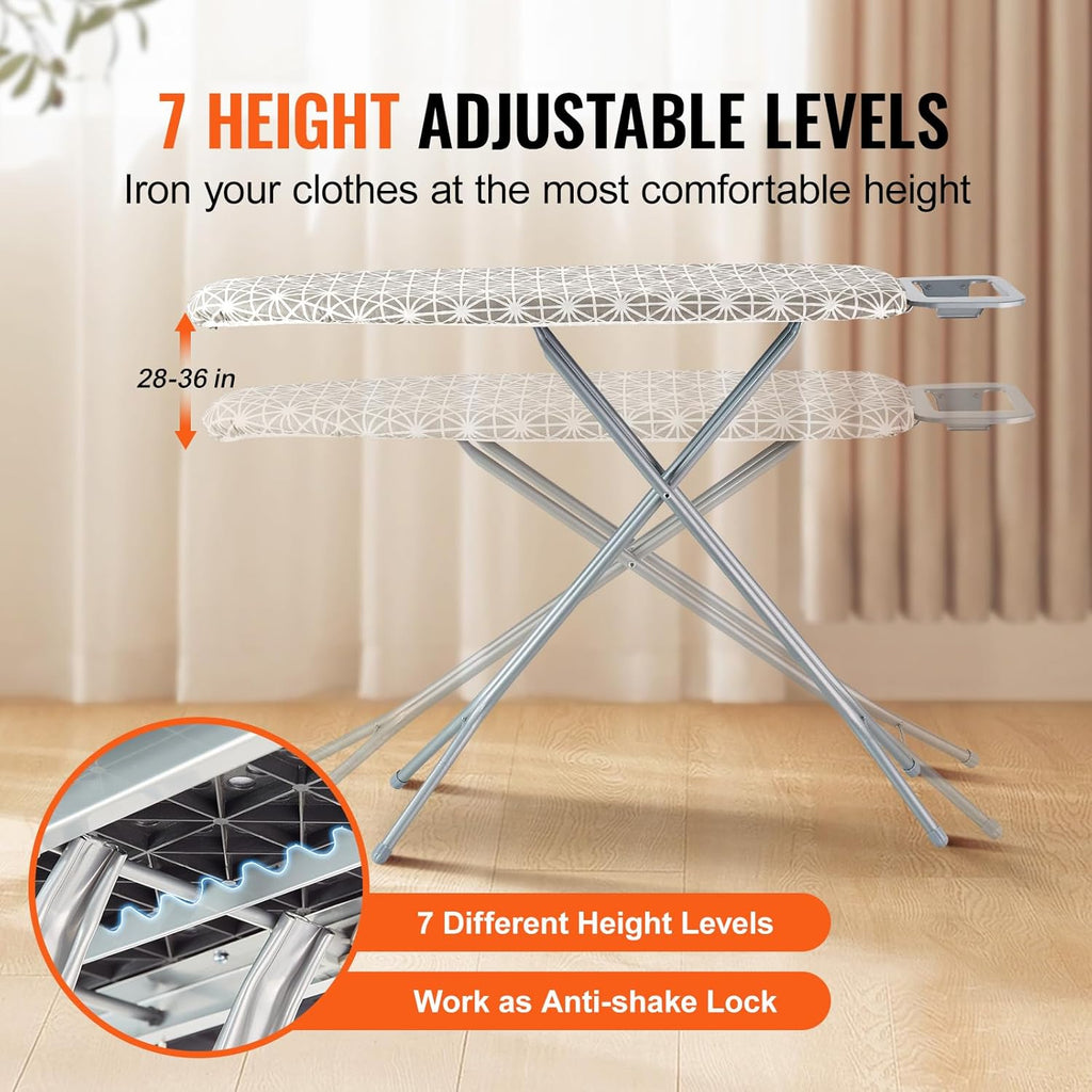 VEVOR Ironing Board - Large 43" x 13" Surface | 7 Adjustable Heights & Heat Resistant Cover