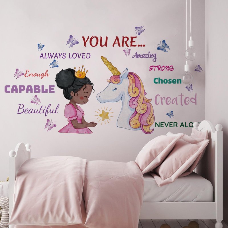 Suplanet Unicorn Wall Decals for Girls Bedroom, Black Girl Wall Stickers, Toddler Black Girl Room Decor, Unicorn Wall Stickers for Girls Room