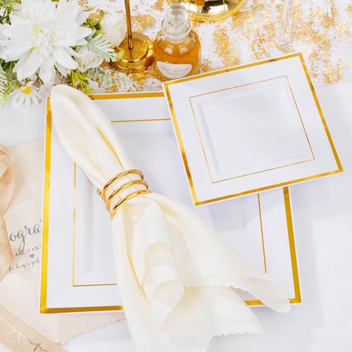 Liacere 100PCS White and Gold Square Plastic Plates-50PCS Heavy Duty 9.5inch White Dinner Plates and 50PCS 6inch White Dessert Plates - Gold Plastic Plates for Party & Christmas & New Year