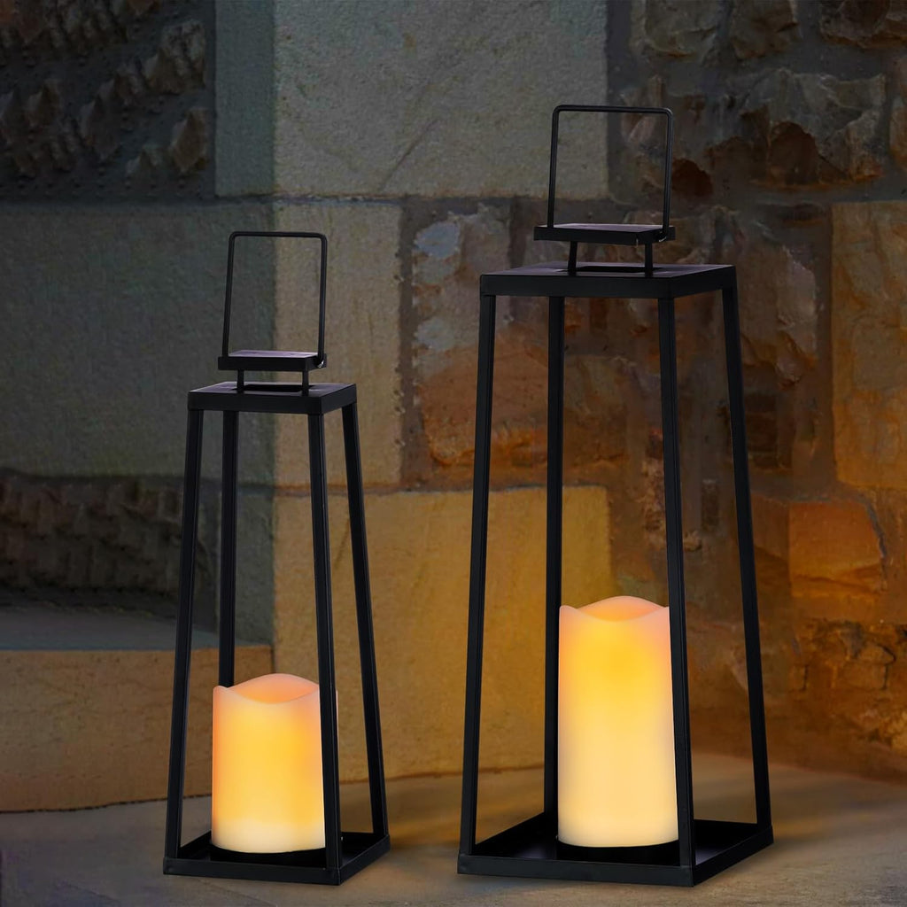 Skiennix Solar Lanterns - Decorative Outdoor Set of 2 | Modern Black Metal with Solar Candles (18’’ & 15’’)
