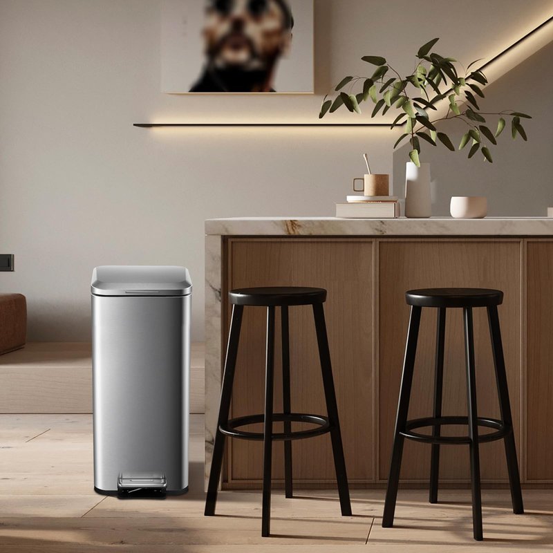 EcoExplorer 8 Gallon Kitchen Trash Can, 30 Liter Stainless Steel Garbage Bin with Removable Inner Bucket, Square Step Recycling Bin with Soft-Close Lid for Dining Room, Bathroom, Home Office