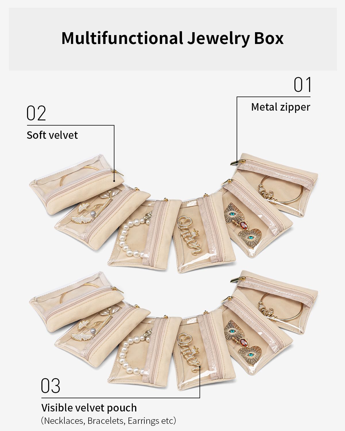 Vlando Small Jewelry Box Organizer,Travel Jewelry Storage with 6 Velvet Jewelry Zipper Pockets,Premium Petal Hardware Jewelry Case for Women Girls Valentines Day Gifts for Self