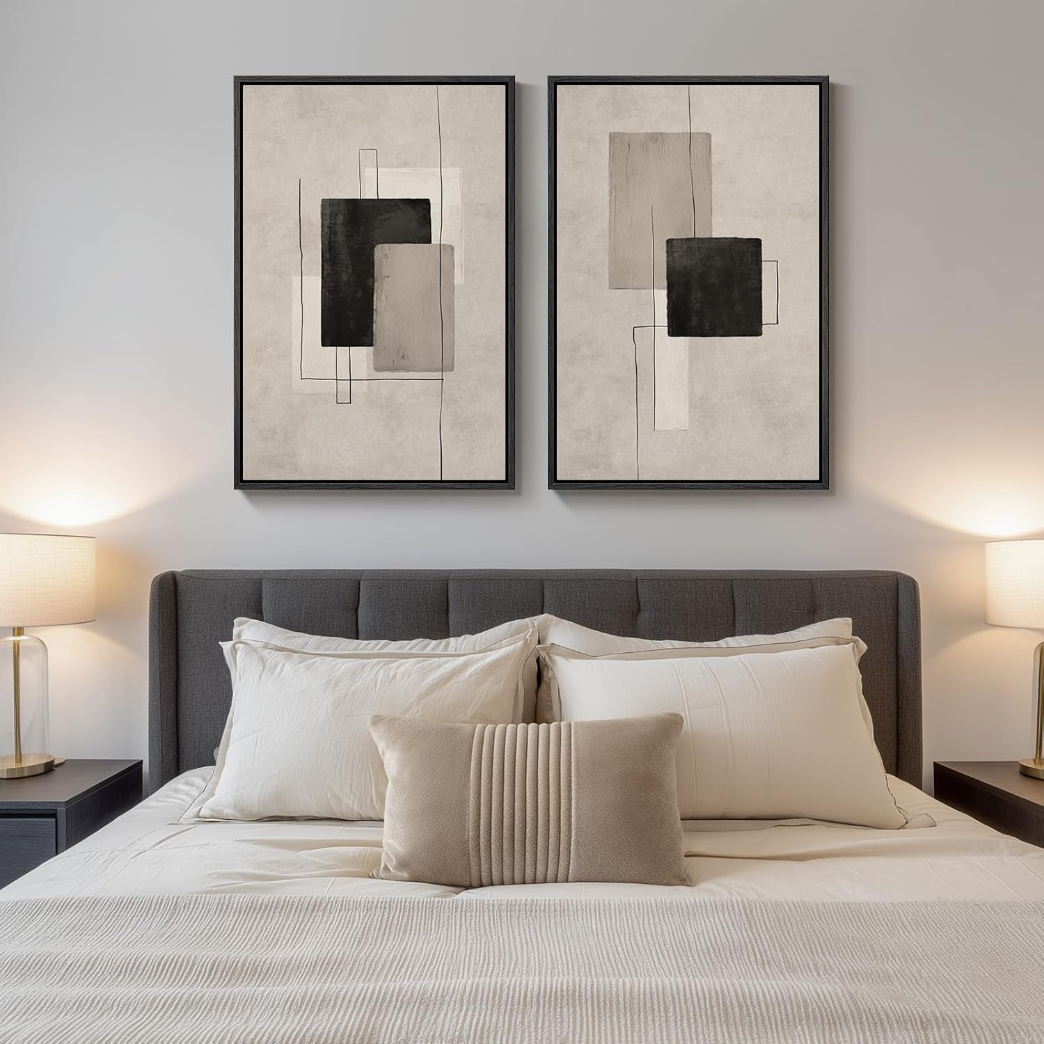 Skiennix Large Framed Neutral Abstract Wall Art - Set of 2 Black & Beige Canvas Prints | 24x36 In Minimalist Decor