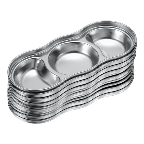 uxcell 10 Pack Stainless Steel Dish Dipping Bowls with 3 Round Compartment Divided, Metal Seasoning Plate Dipping Bowl for Condiment Home Party Restaurant Picnic Travel, Silver