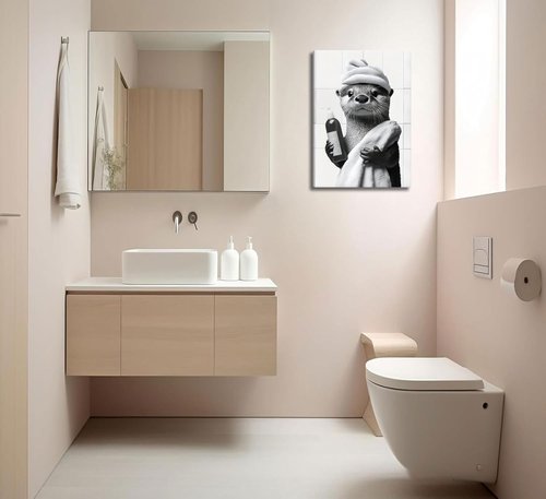 Funny Bathroom Otter Canvas Wall Art - Cute Black and White Otter Painting | 12x16in Home Decor
