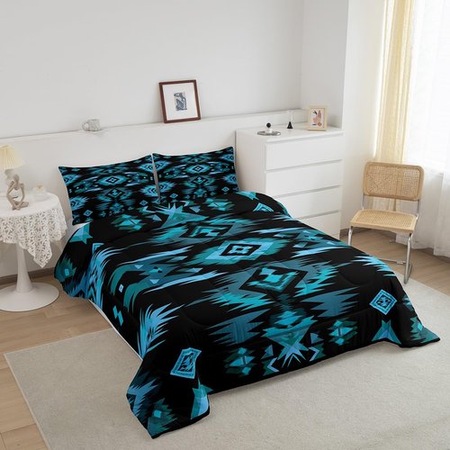 Feelyou Blue Black Southwestern Comforter Set,Tribal Native American Indian Bedding Set Twin Size,Boys Girls Bedroom Room Decor,Exotic Style Comforter,Farmhouse Western Bed Set