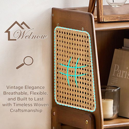 Welnow Bamboo Rattan Bookcase with Cabinet, 1-Tier Storage Shelf with Side Table & End Table Function, Large Modern Wood Organizer for Living Room or Bedroom, Walnut Bookshelf