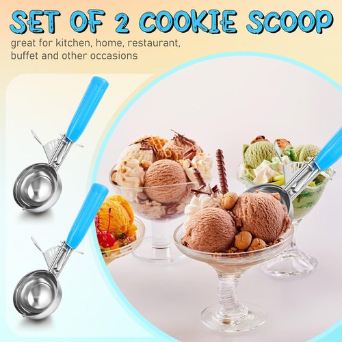 Reallnaive 2 Pcs Release Cookie Scoops Ice Cream Scooper with Trigger Release Portion Scoop Stainless Steel for Portion Control, Baking Food, Cookie Dough, Cupcake Batter (2 oz,Blue)