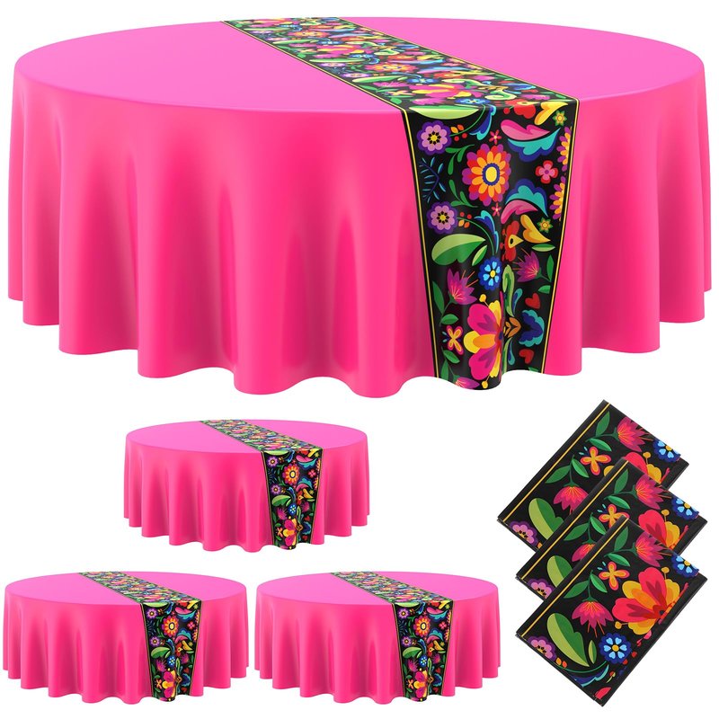 Oudain 6 Pcs Mexican Round Tablecloth 84 Inch Fiesta Plastic Table Cover Mexican Waterproof Disposable Table Cloth Decorative Day of the Dead Tablecloth(Multicolor)