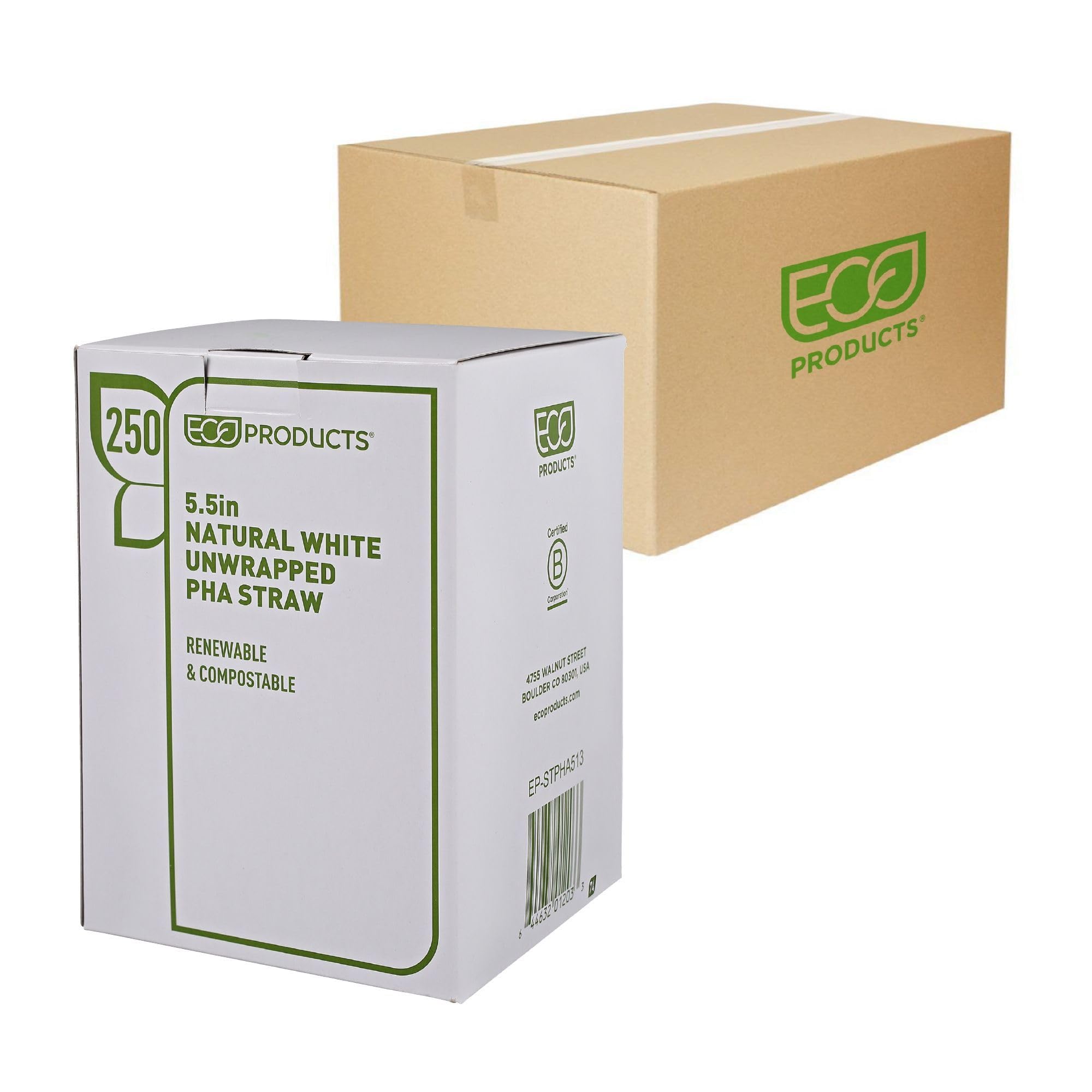 Eco-Products Compostable Plastic Straws, 5.5" Long, 6mm Diameter, Case of 2500, Natural White Disposable Plant Based PHA Plastic, Standard Sized Drinking Straws, ASTM Compliant, BPI-Certified