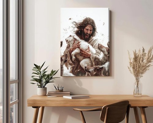 Jesus And Lamb Canvas Wall Art - Inspiring Christian Home Decor | 12x16 Inch Framed Print