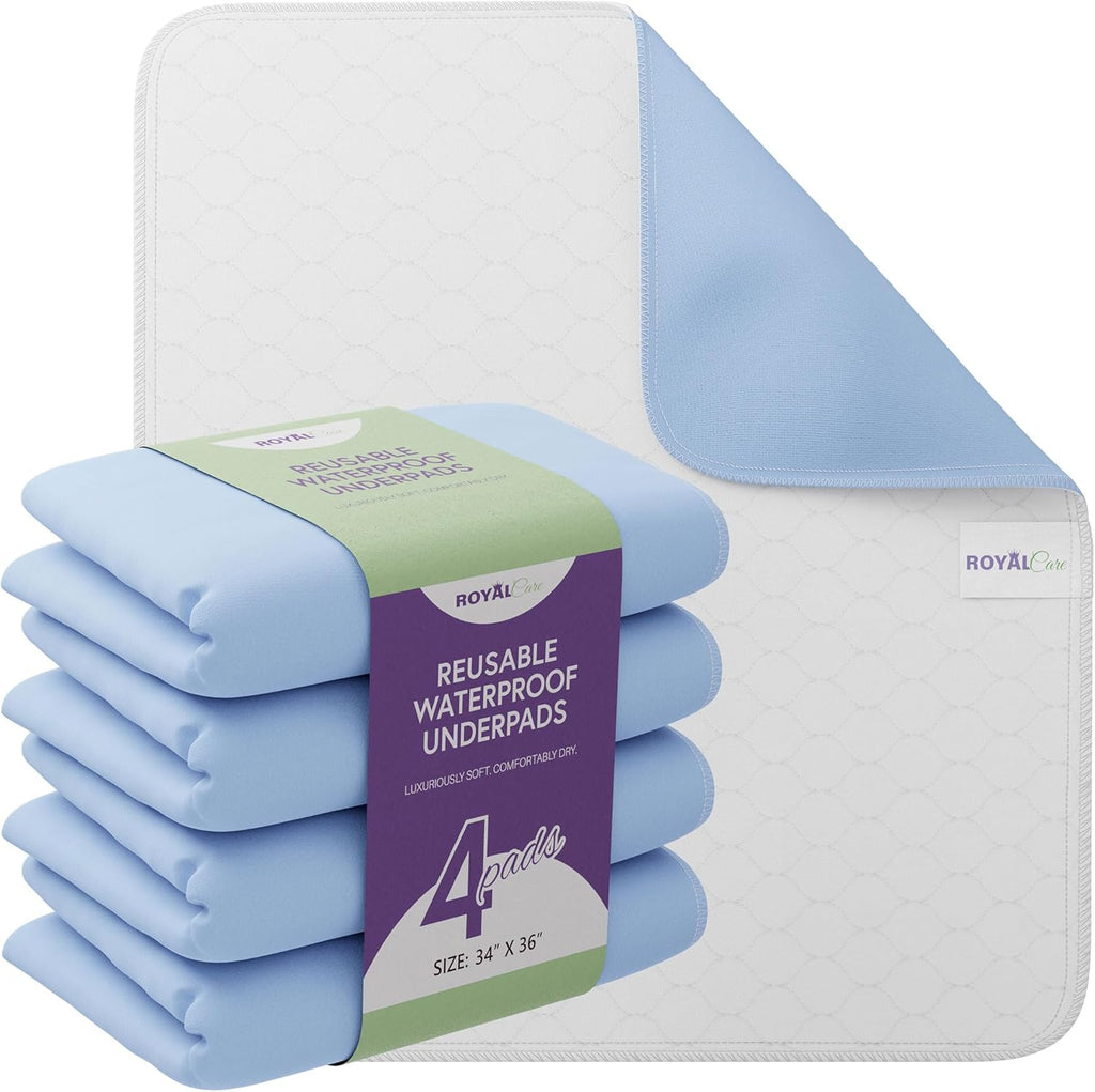 Skiennix Incontinence Bed Pads - Reusable Waterproof Underpads for Chairs & Mattresses - Highly Absorbent, Machine Washable - 34x36 Inches, Blue (Pack of 4)