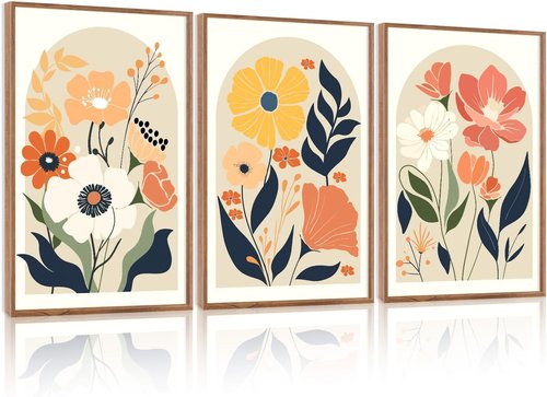 KAIRNE Boho Canvas Wall Art - Abstract Floral Prints Set of 3 (16”X24”) | Modern Minimalist Decor for Living Room & Bedroom