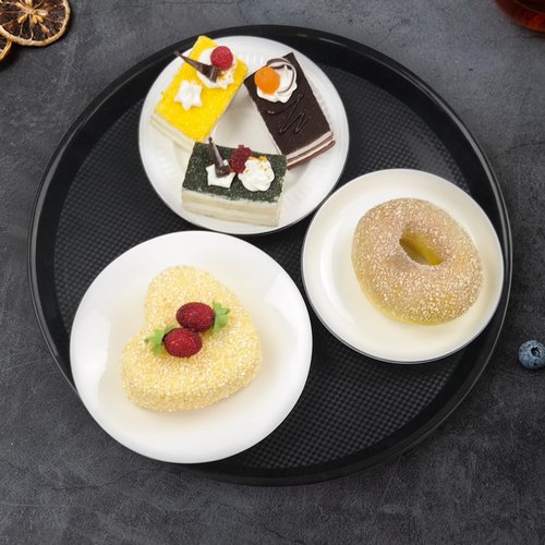 Neadas Round Plastic Fast Food Serving Trays, Cafeteria Tray Platters, Black, 6 Packs