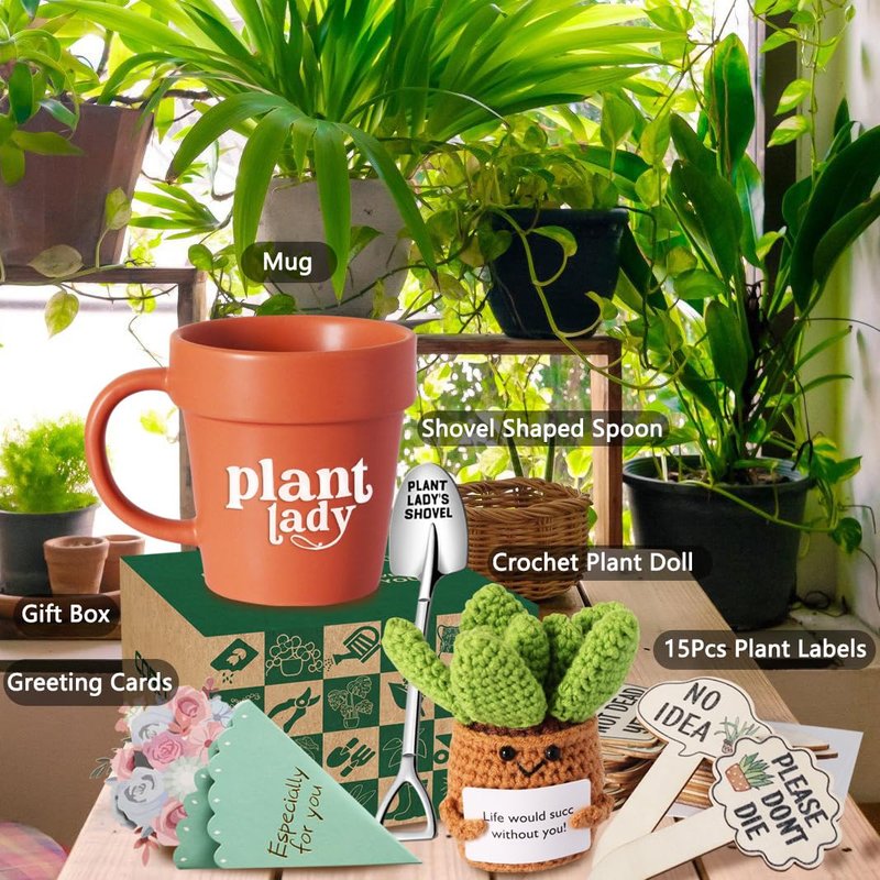 Funny Gardening Gifts for Women Plant Gifts for Plant Lovers Plant Lady Mug - Gardener Gifts, Plant Pot Cup with Shovel Spoon, Plant Markers, Emotional Crochet Doll Knitting Toy Ornaments