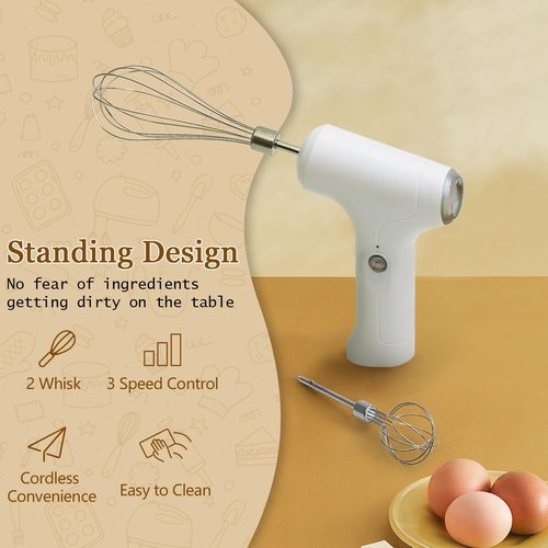 CHIDOYII Cordless Hand Mixer, Handheld Electric Whisk with 3 Speed Modes, Hand Held Egg Beater with 2 Detachable Stir Whisks (White Silver)