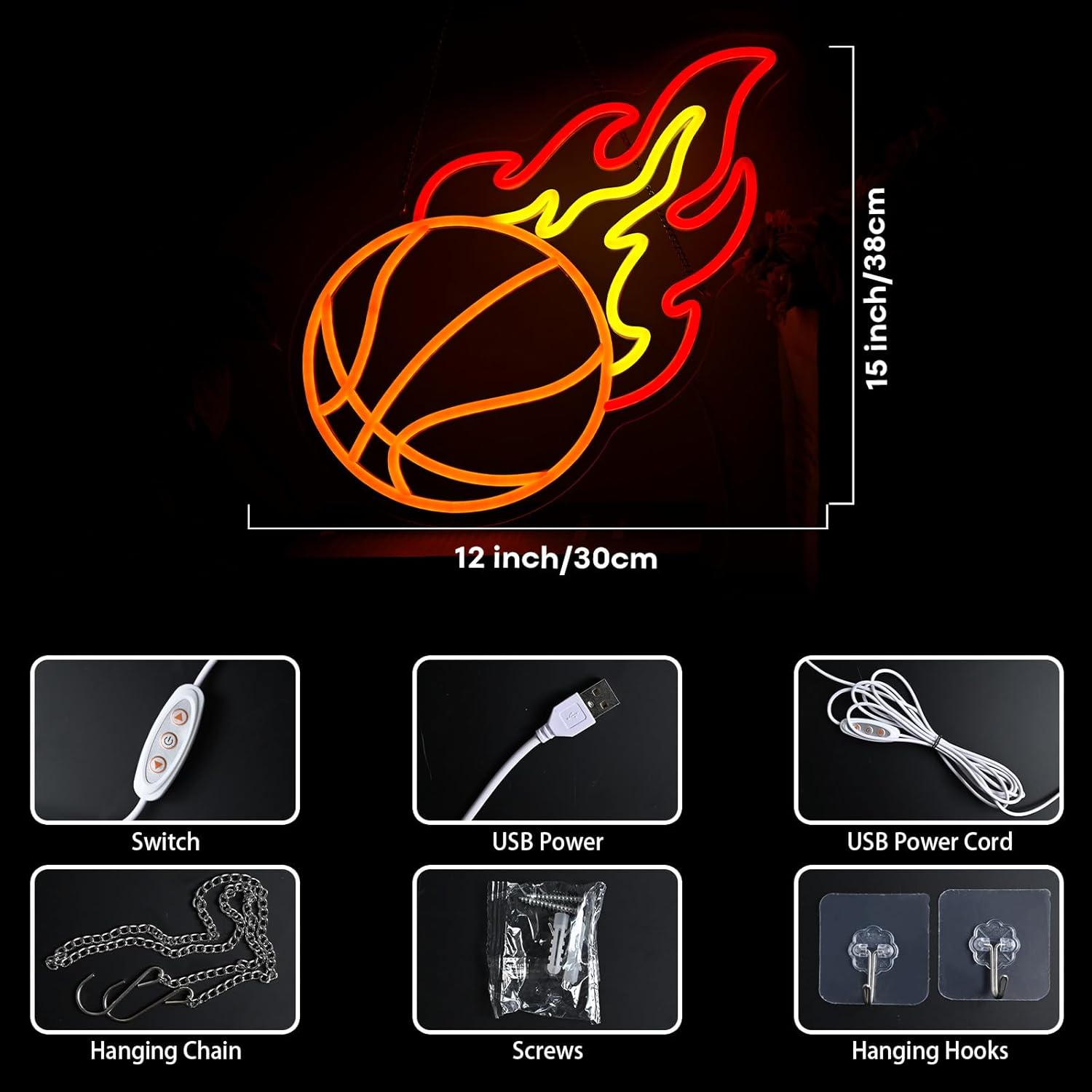 Skiennix Basketball Neon Sign - Dimmable LED Flame Light for Boys' Bedroom Decor | Orange & Red