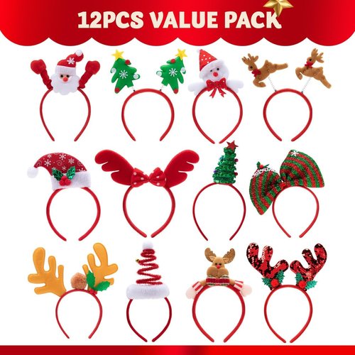 JOYIN Christmas Headbands - 12 Assorted Designs for Holiday Parties | Unisex One Size Fits All