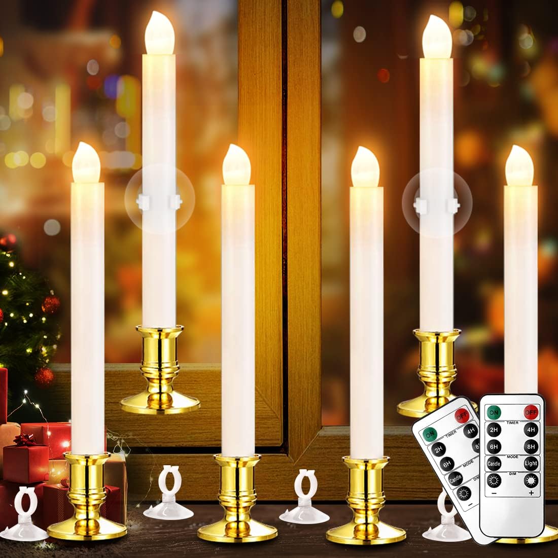 YAUNGEL Flameless Taper Candles - 6 Pack Battery Operated Window Candles with Timer & Remote | Holiday Decor