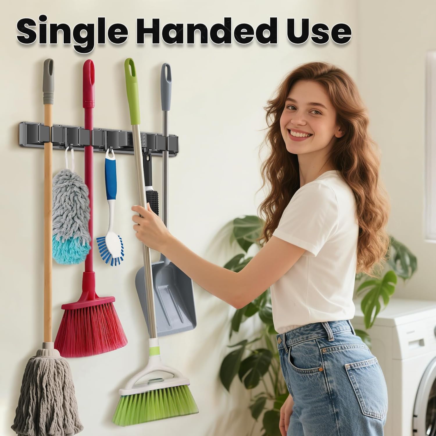 Organize with Skiennix Broom Holder Wall Mount - 4 Racks & 3 Hooks for Kitchen, Garden, Laundry | Grey