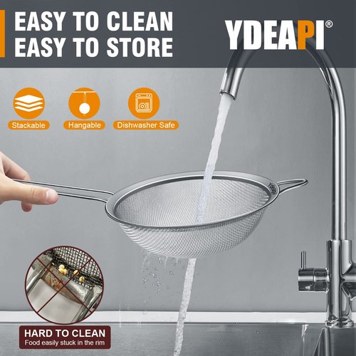 Ydeapi 6.3" Fine Mesh Strainer with Handle, Metal Food Strainers for Kitchen, Sieve Fine Mesh Stainless Steel for Rice, Quinoa, Pasta, Noodles