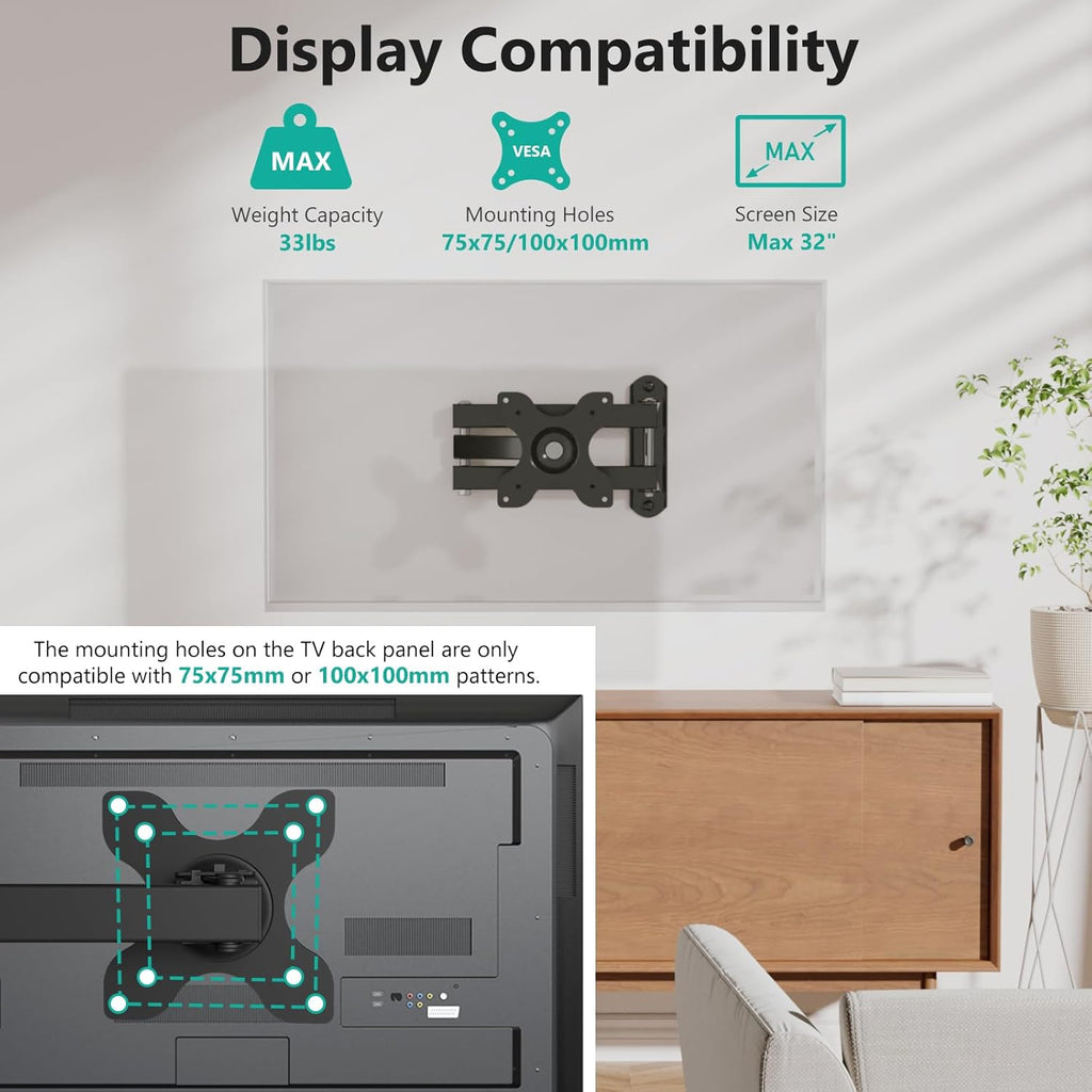 WALI Full Motion TV Wall Mount - 15-Inch Extension Arm for 13-32 Inch LED Screens | Black, 2 Packs