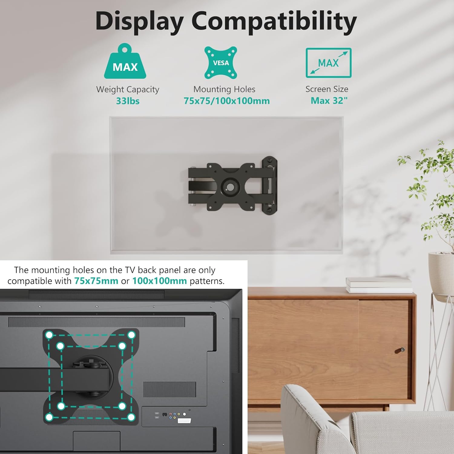 WALI Full Motion TV Wall Mount - 15-Inch Extension Arm for 13-32 Inch LED Screens | Black, 2 Packs